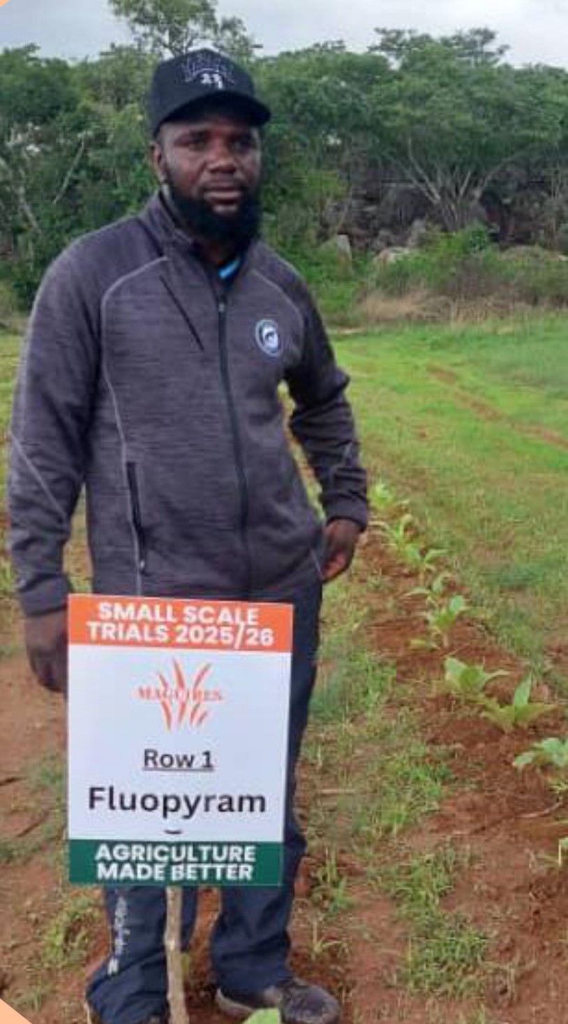 The farmer in the trial rows holding the Row 1 Fluopyram sign