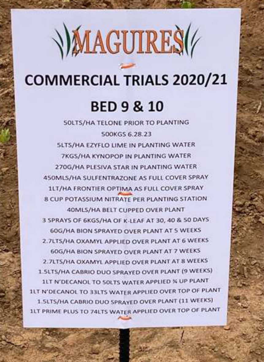 Trial board for beds 9 & 10 listing all treatments