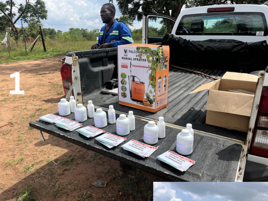 Knapsacks, signs and chemicals ready for the growers